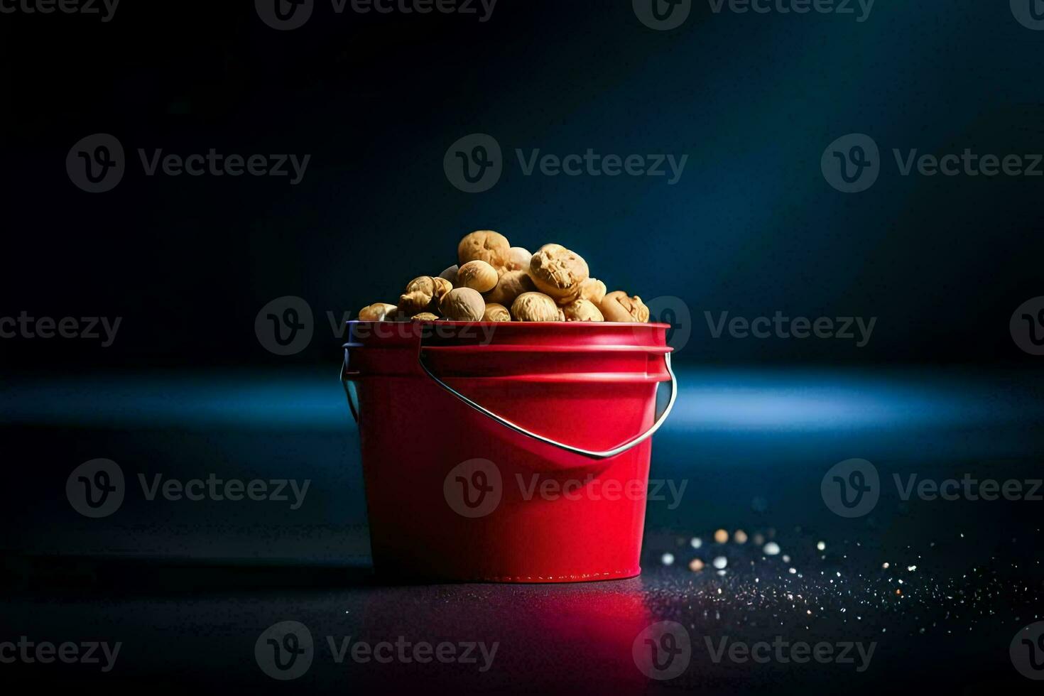 a red bucket filled with peanuts on a dark background. AI-Generated photo