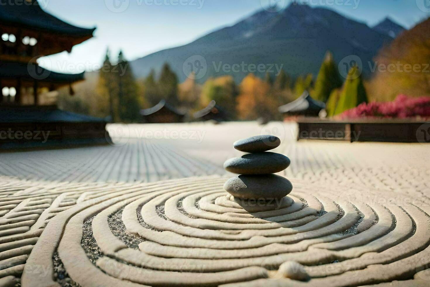 a stone labyrinth in front of a mountain. AI-Generated photo
