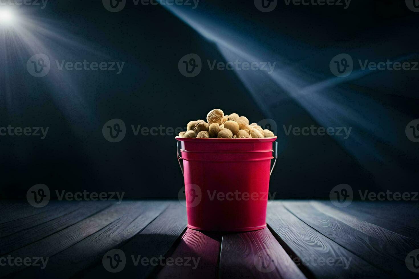 a bucket of popcorn on a wooden table. AI-Generated photo