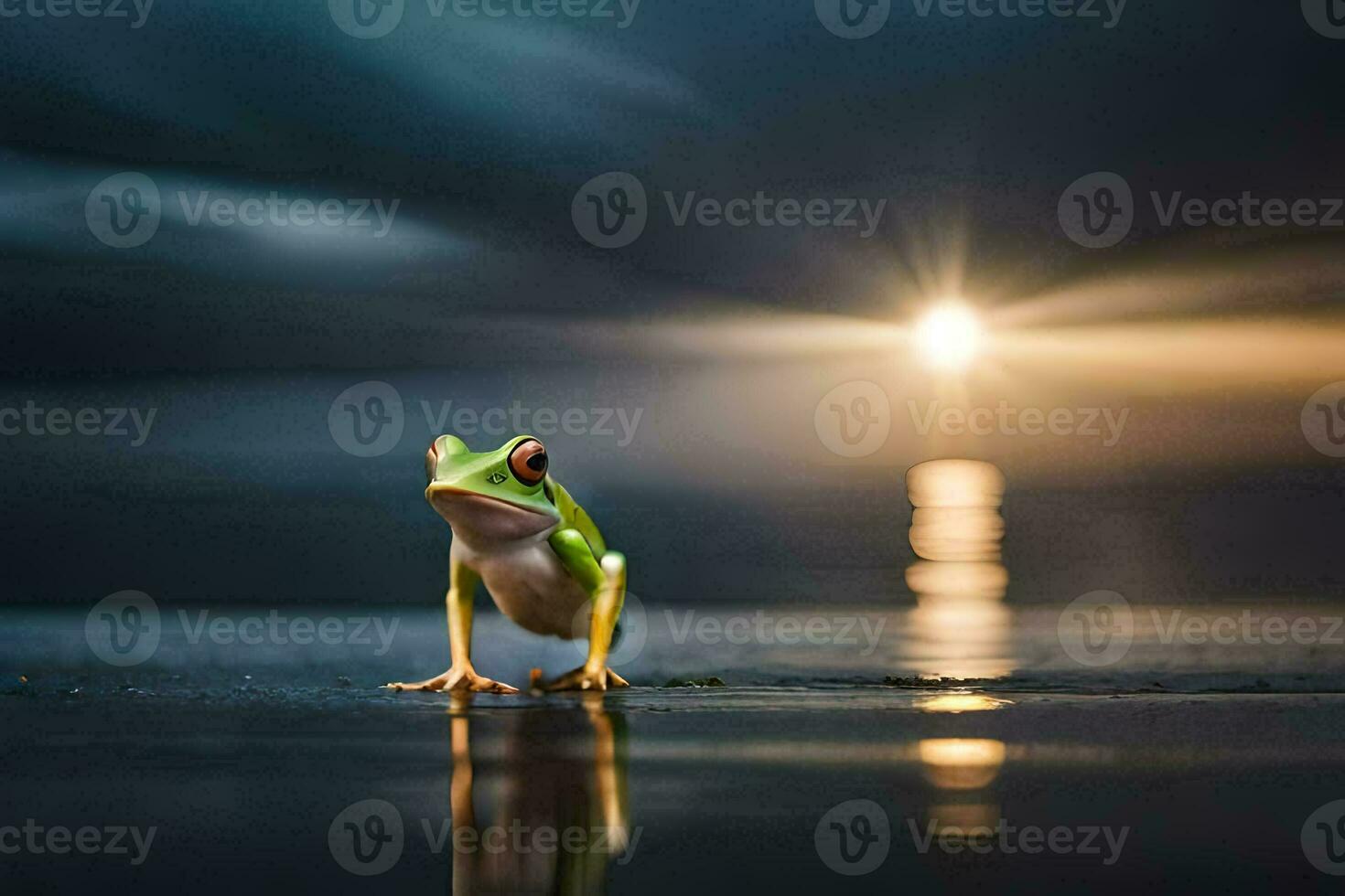 un rana es en pie en el playa a noche. generado por ai foto