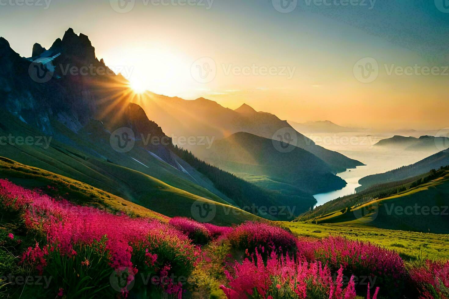 the sun rises over a mountain range with purple flowers. AI-Generated photo