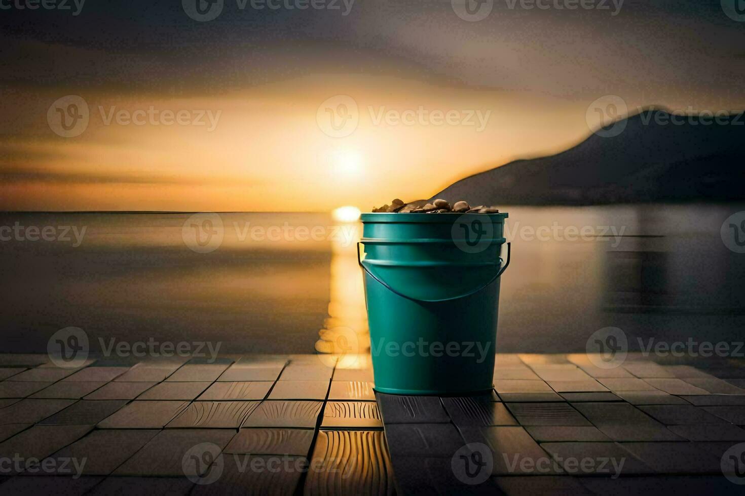 a bucket of peanuts on the beach at sunset. AI-Generated photo