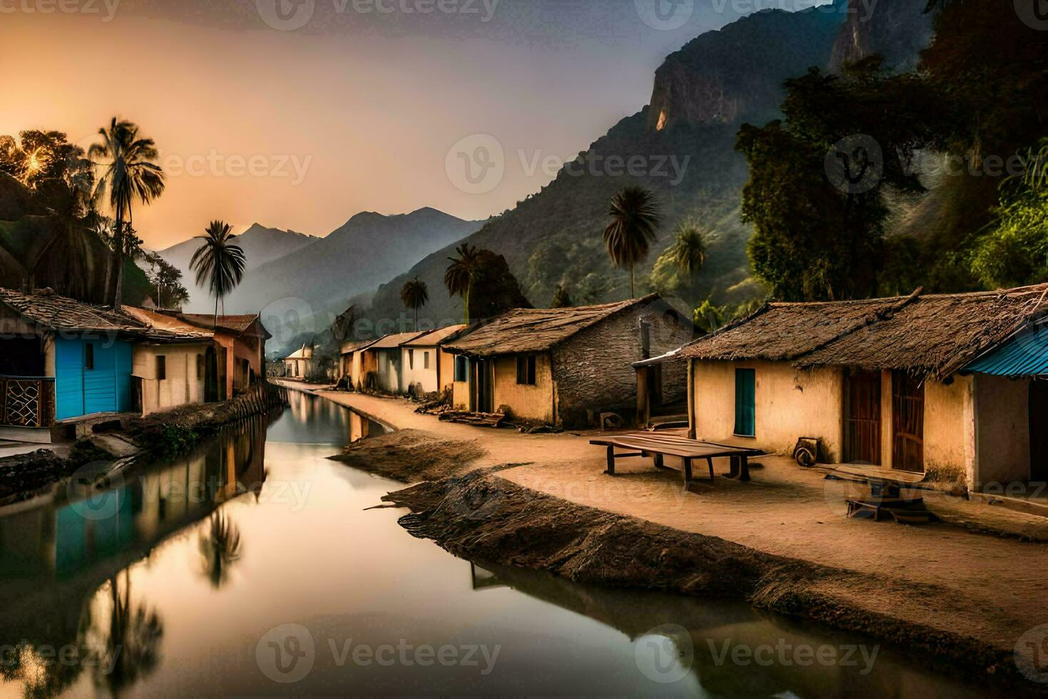 a river runs through a village at sunset. AI-Generated photo