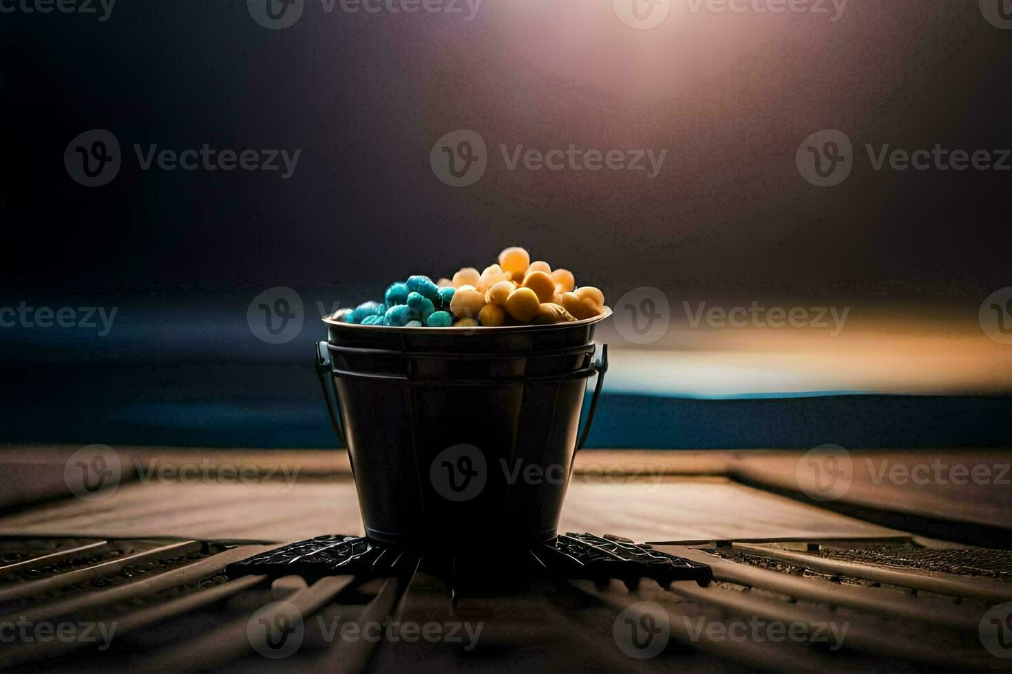 a cup filled with colorful pills on a table. AI-Generated photo