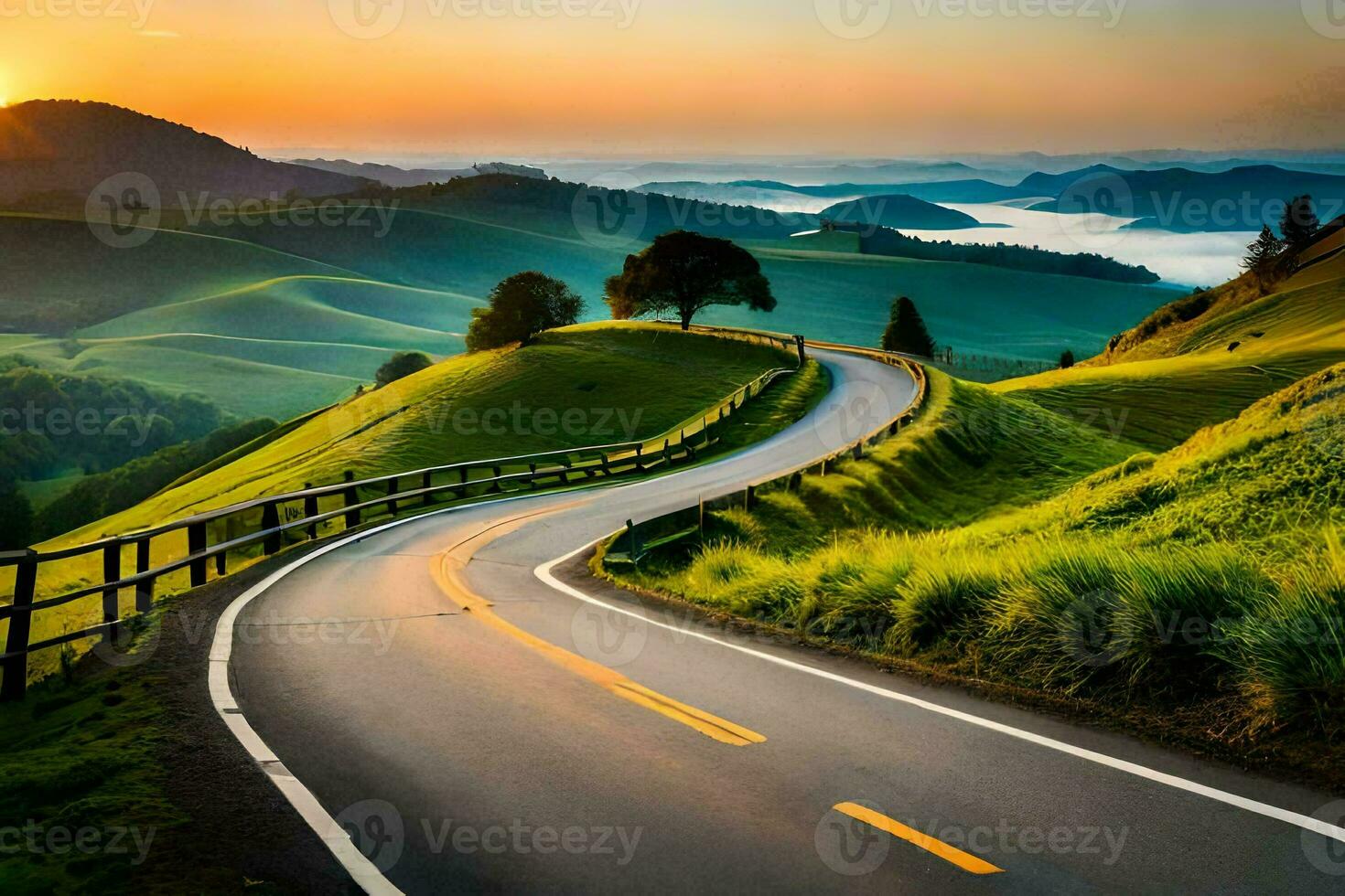 the road to the sunset. AI-Generated photo