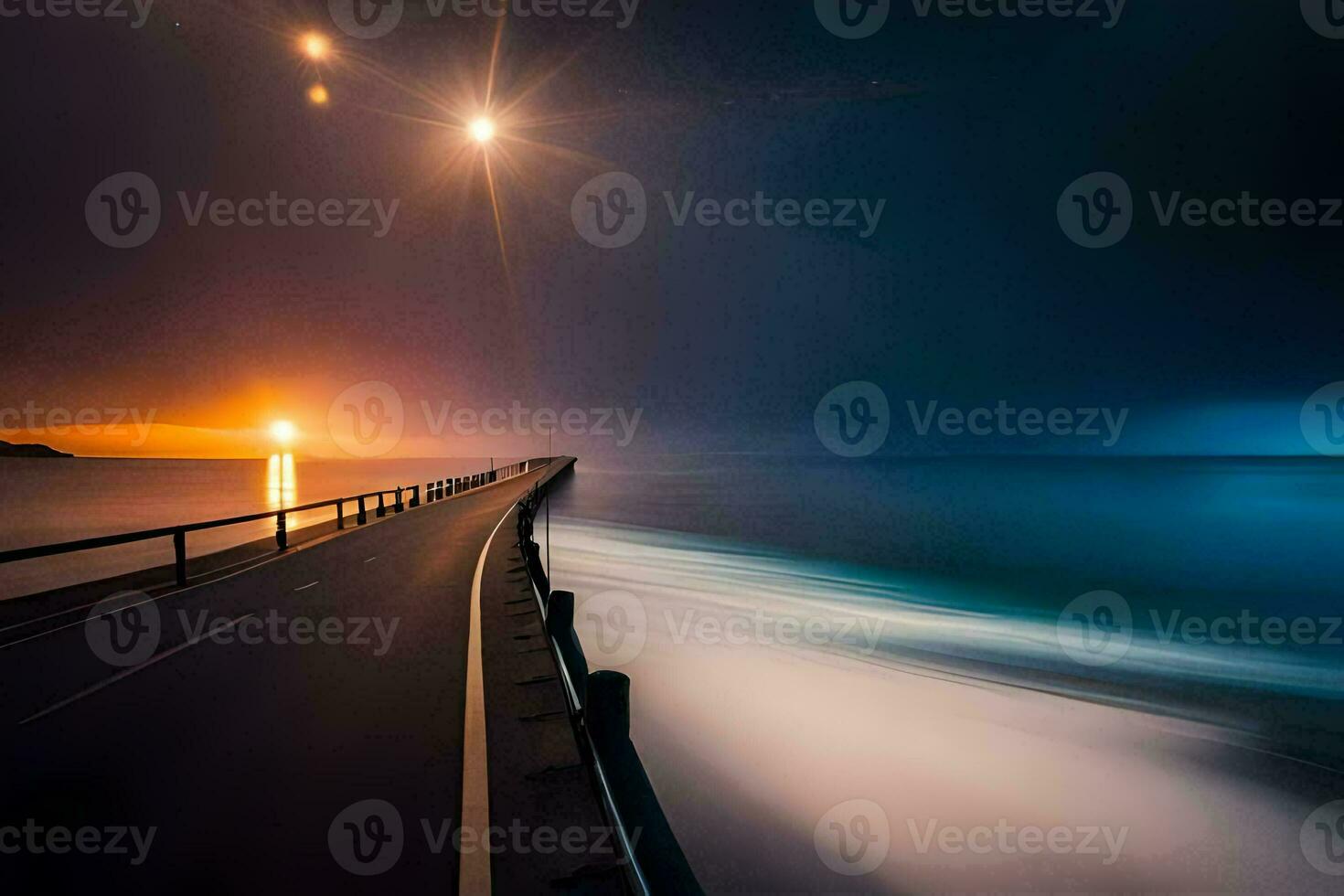 a long exposure photo of a road and the ocean at night. AI-Generated