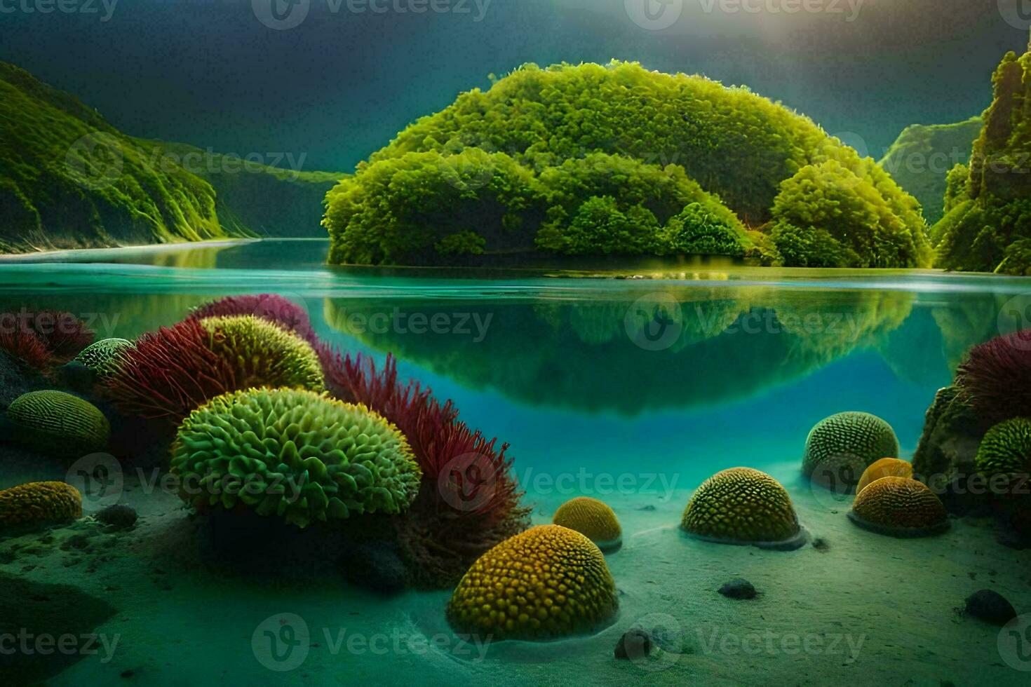 the sun shines on a tropical island with colorful plants. AI-Generated photo