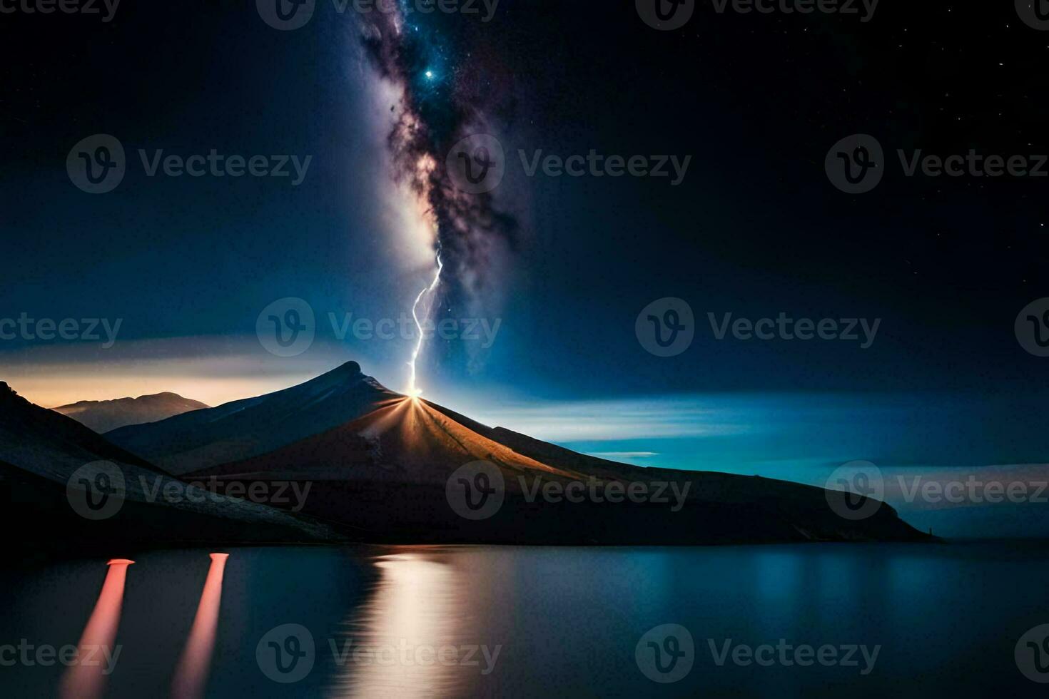 a lightning bolt is seen over a mountain and water. AI-Generated photo