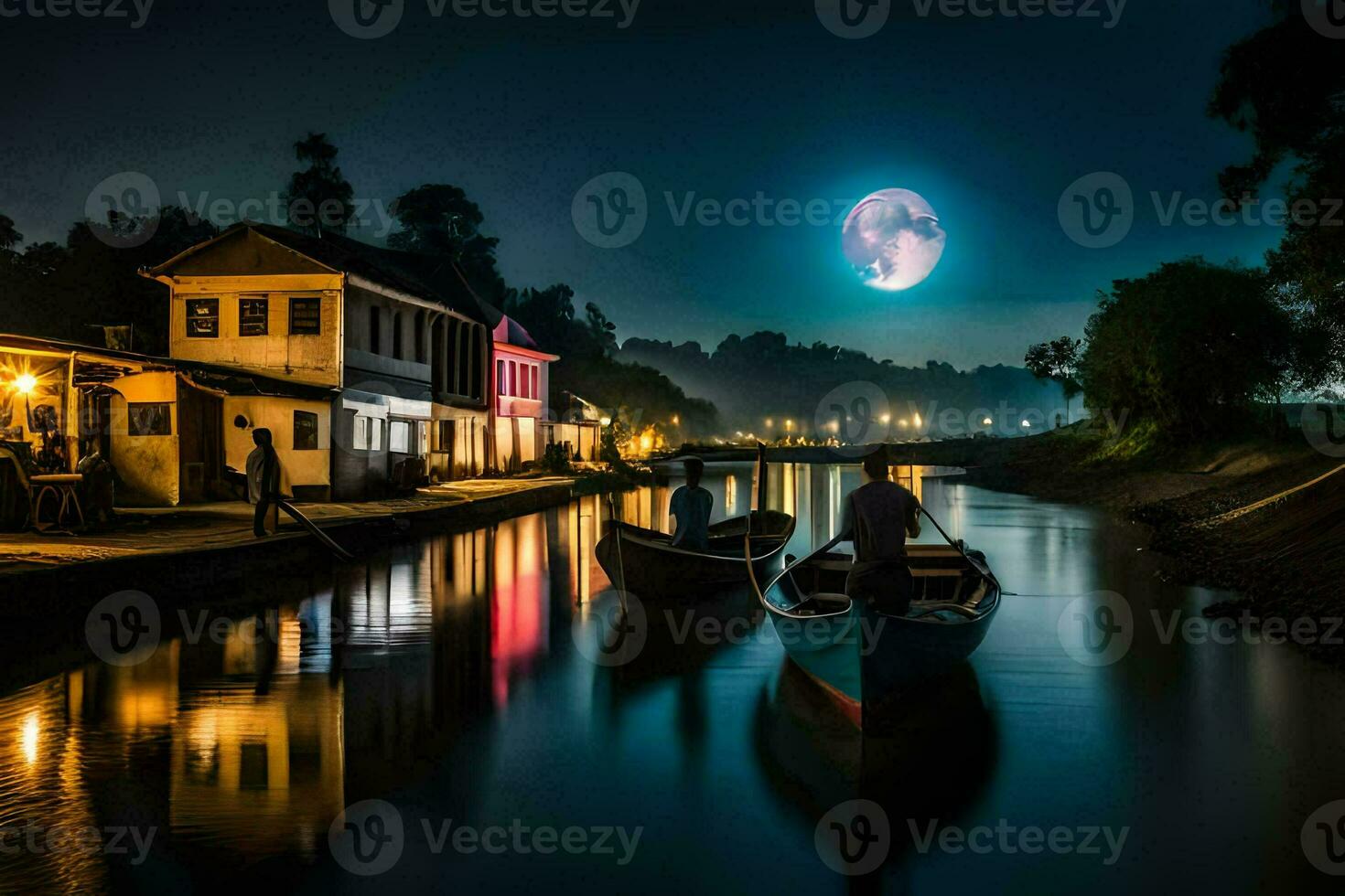 two boats in the water at night with a full moon. AI-Generated photo