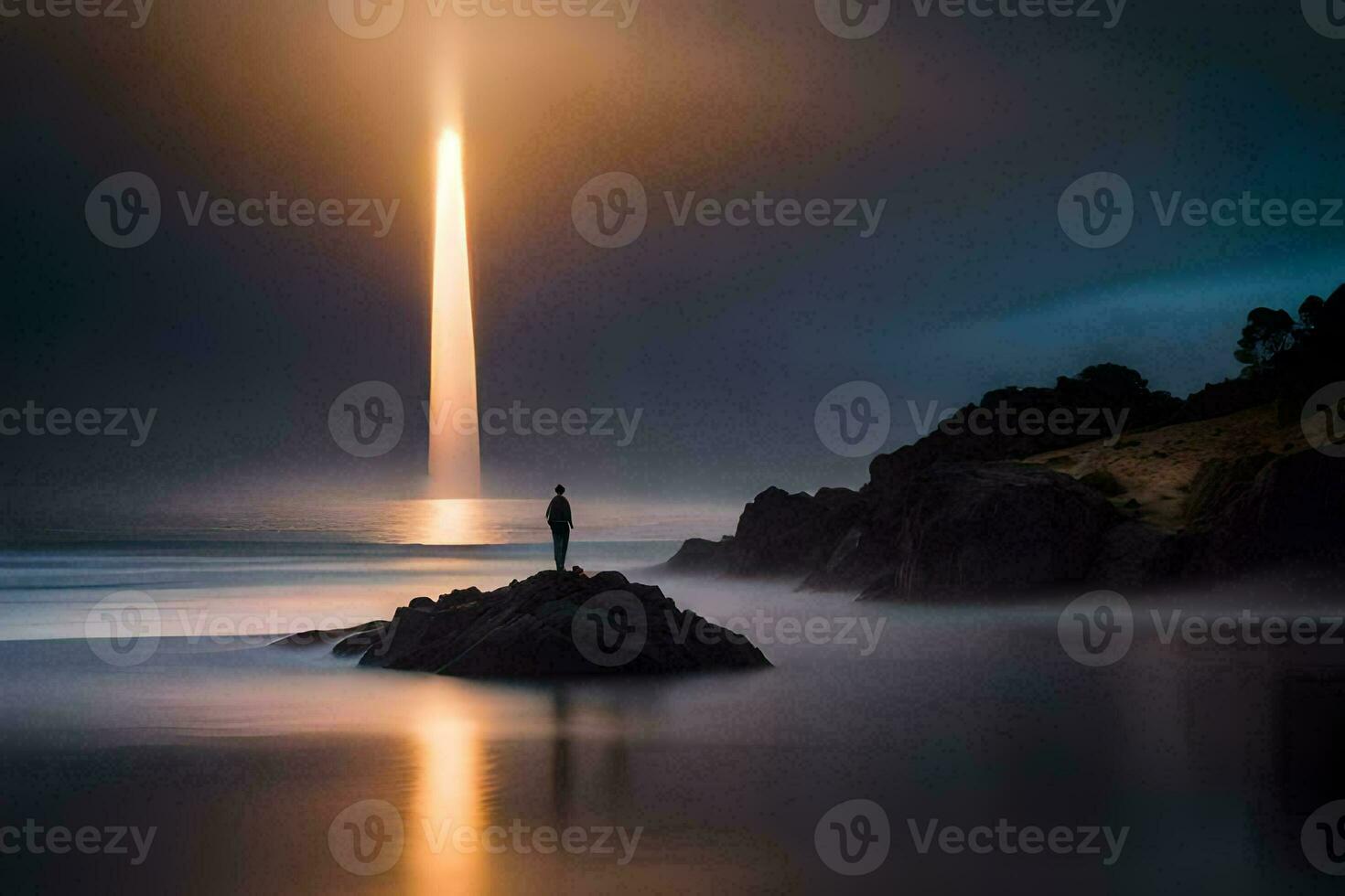 un hombre soportes en un rock en frente de un ligero a el final de un túnel. generado por ai foto