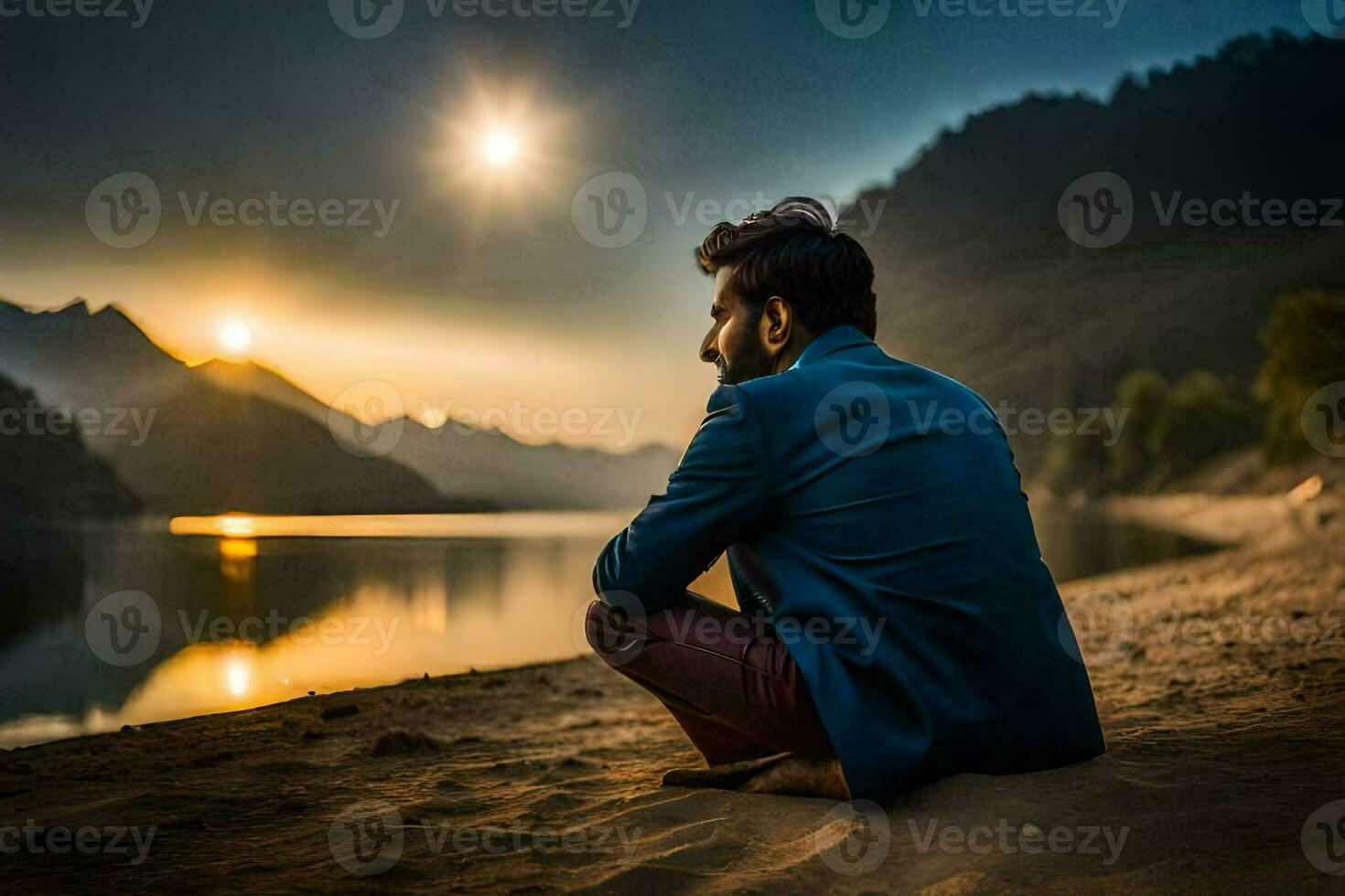 a man sitting on the beach at sunset. AI-Generated photo