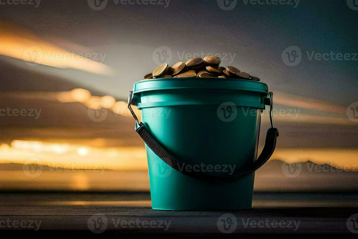 a bucket full of coins on a wooden table. AI-Generated photo