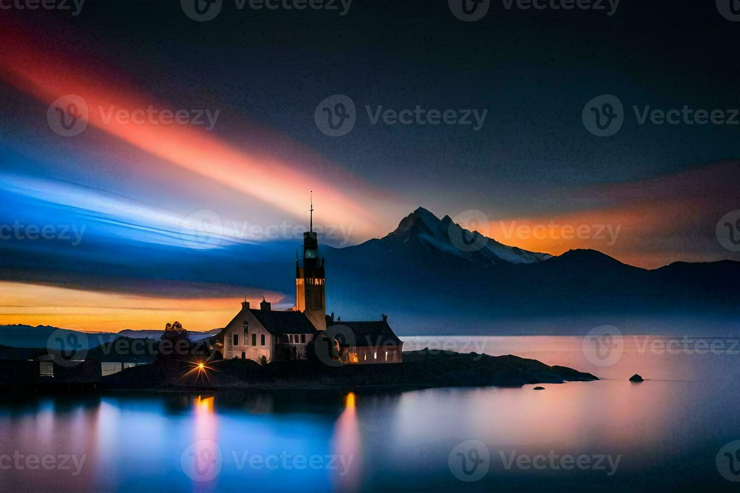 a church on an island in the middle of a lake at sunset. AI-Generated photo