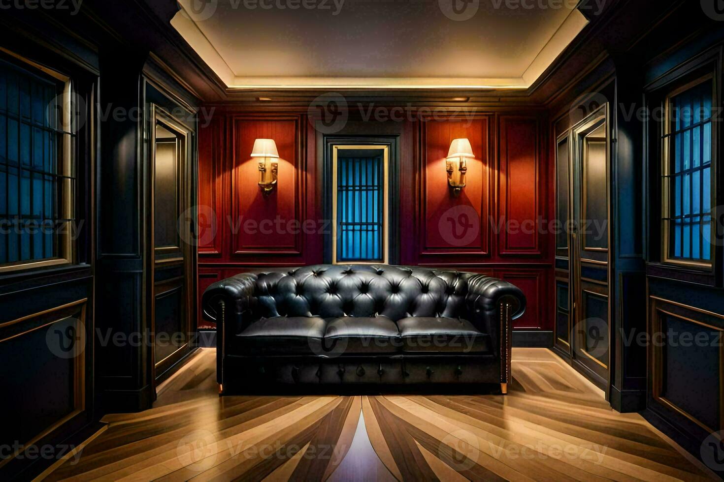 a room with a leather couch and wood paneling. AI-Generated photo