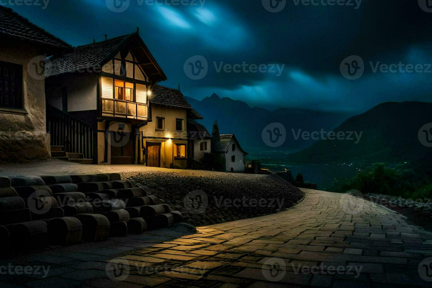 a street in the mountains at night. AI-Generated photo