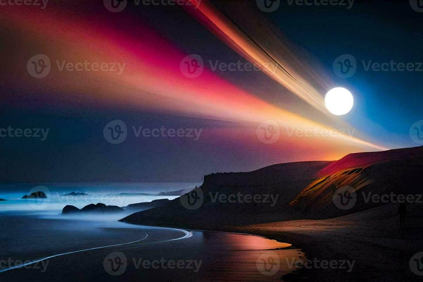 a colorful sunset over the ocean with a bright moon. AI-Generated photo