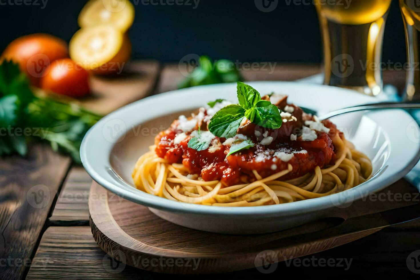 spaghetti with tomato sauce and meatballs in a white bowl on a wooden table. AI-Generated photo