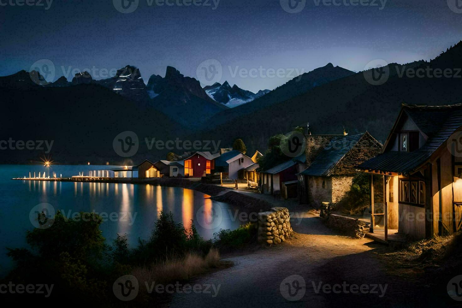 photo wallpaper the sky, mountains, lake, houses, the night, the mountains, the lake. AI-Generated
