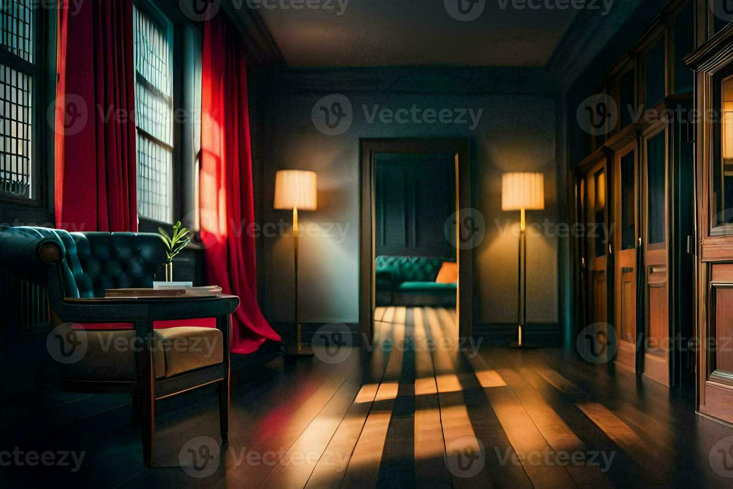 a room with a red curtain and a chair. AI-Generated photo