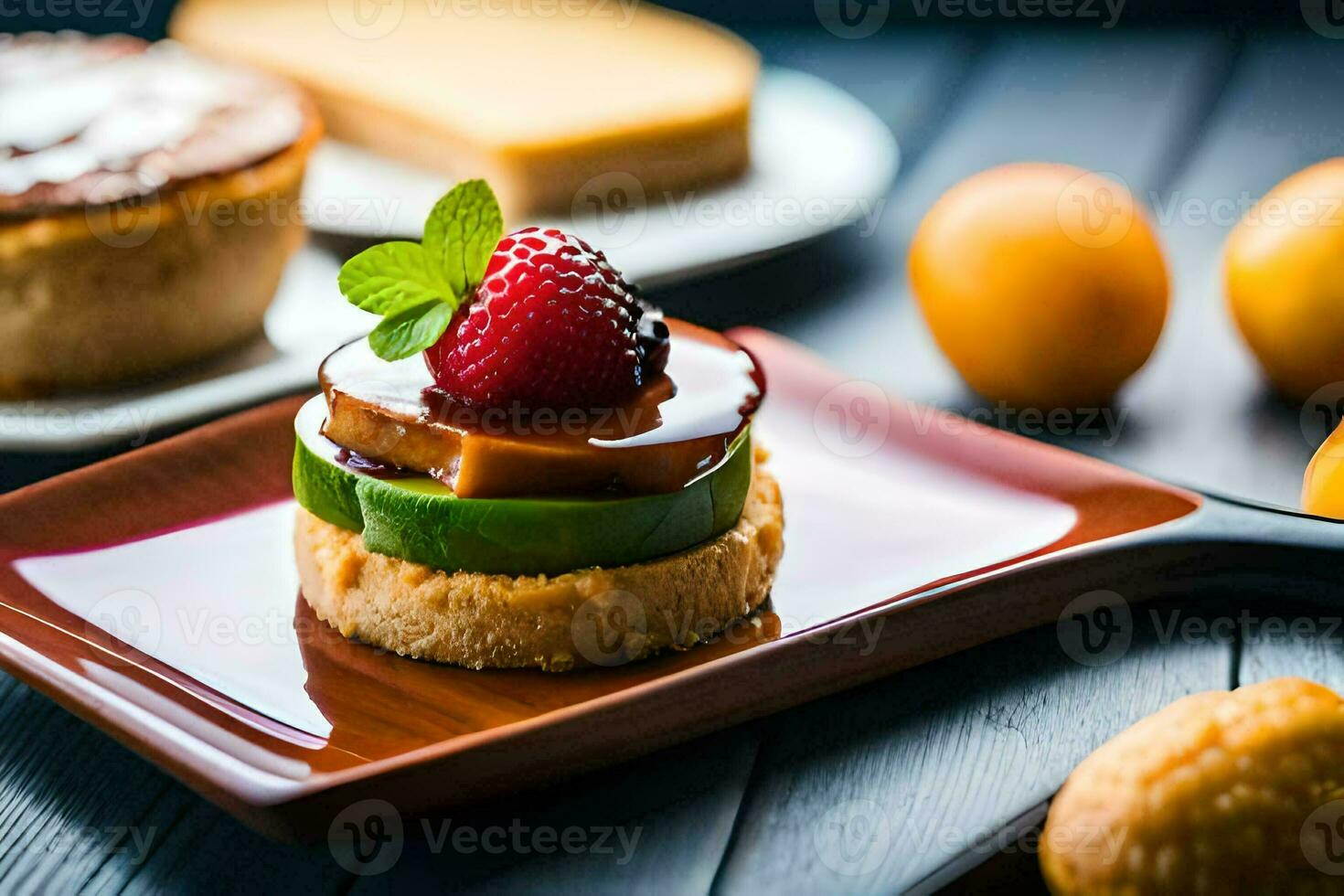 a dessert on a plate with fruit and a knife. AI-Generated photo