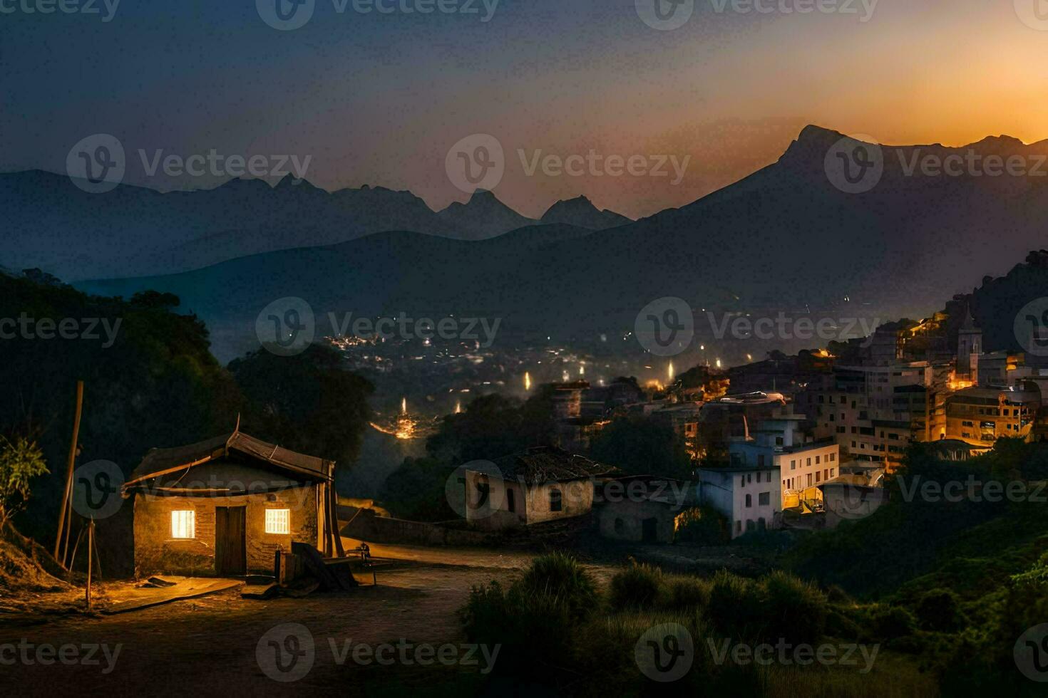 a village at sunset in the mountains. AI-Generated photo