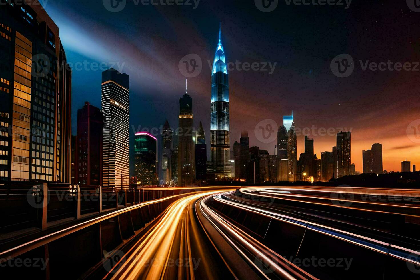 a long exposure photograph of the city skyline at night. AI-Generated photo