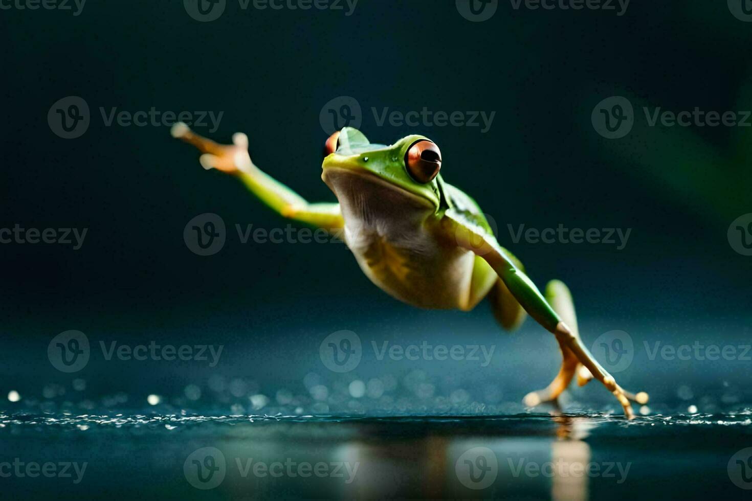 a frog jumping in the air on a dark background. AI-Generated photo