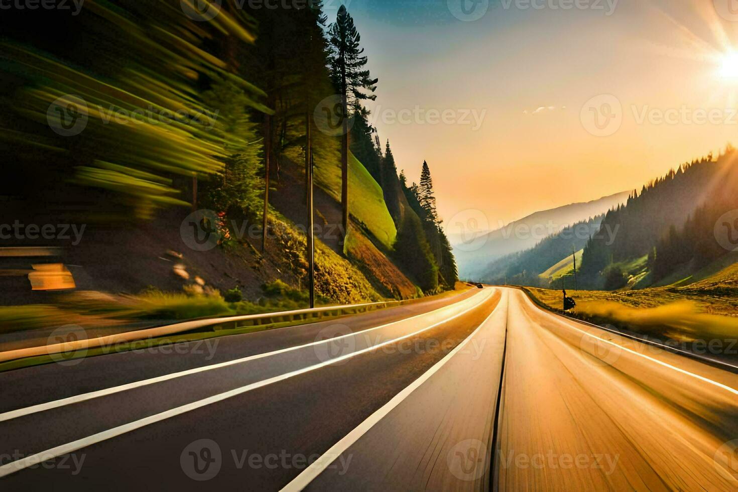 a car driving on a highway at sunset. AI-Generated photo