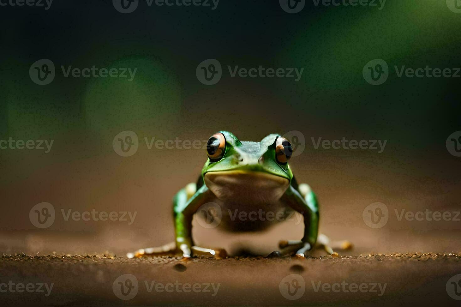 a frog sitting on the ground with a dark background. AI-Generated photo