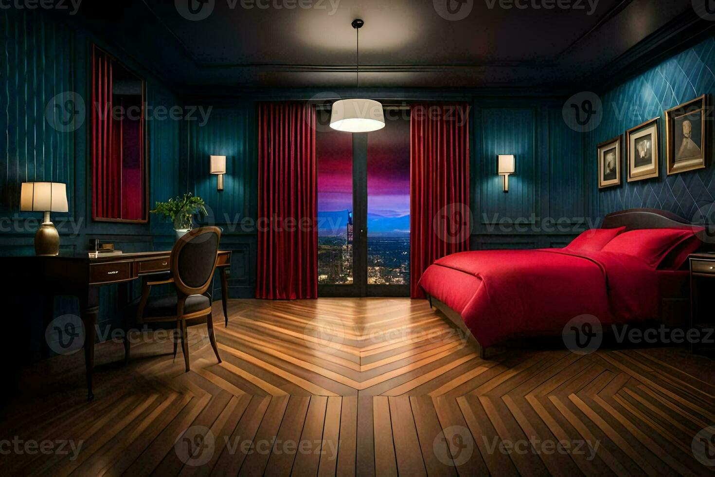 a bedroom with blue walls and wood floors. AI-Generated photo