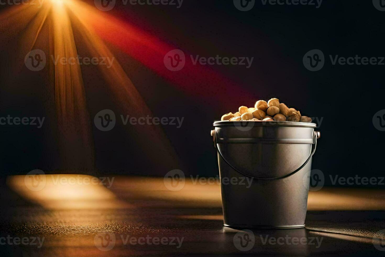 a bucket of peanuts on a table with a spotlight. AI-Generated photo