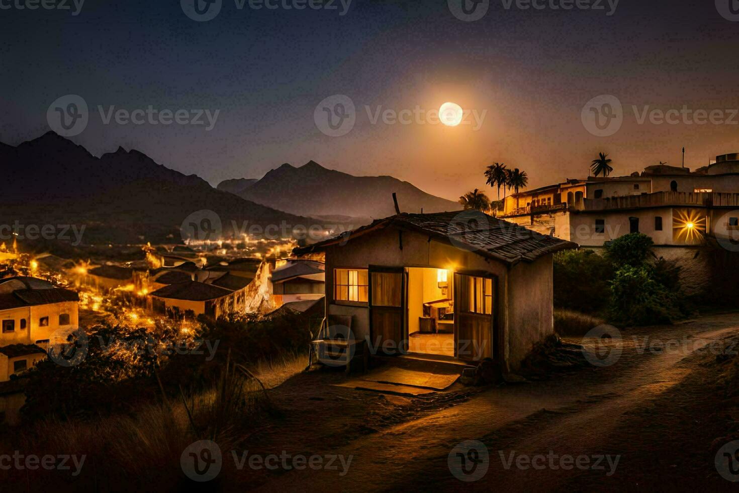 photo wallpaper the moon, night, the sky, the mountains, the village, the moon,. AI-Generated