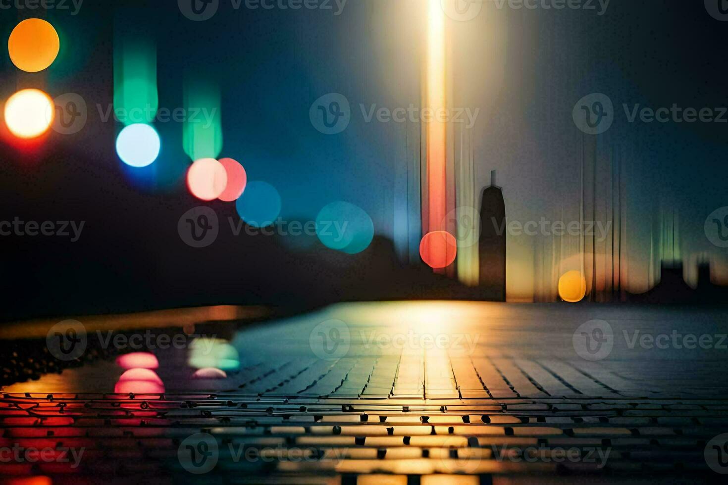 a blurry image of a city street at night. AI-Generated photo