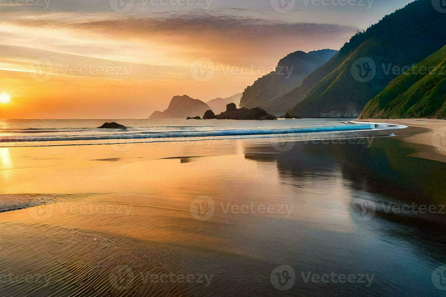 the sun sets over a beach and mountains. AI-Generated photo