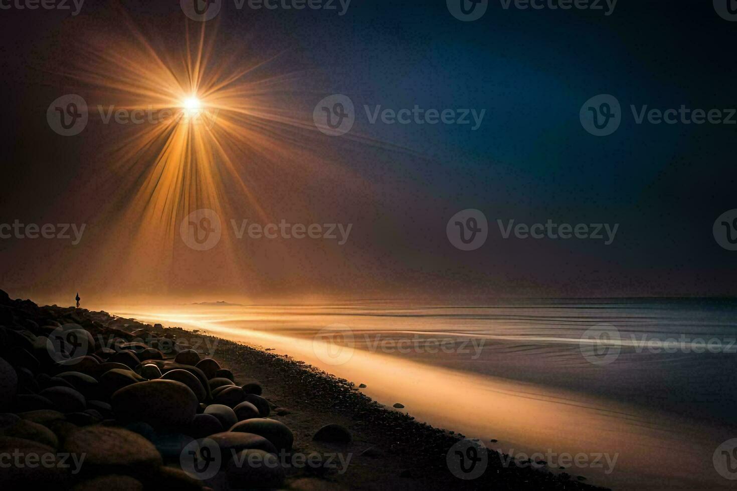 a man stands on the beach at night with a bright light shining down on him. AI-Generated photo