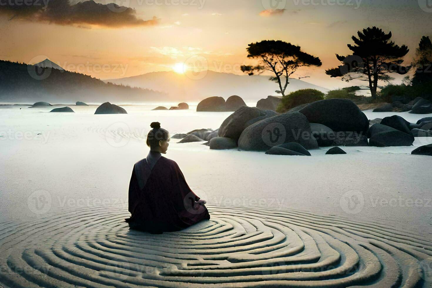 a woman sits in the sand at the beach with a zen garden in the background. AI-Generated photo