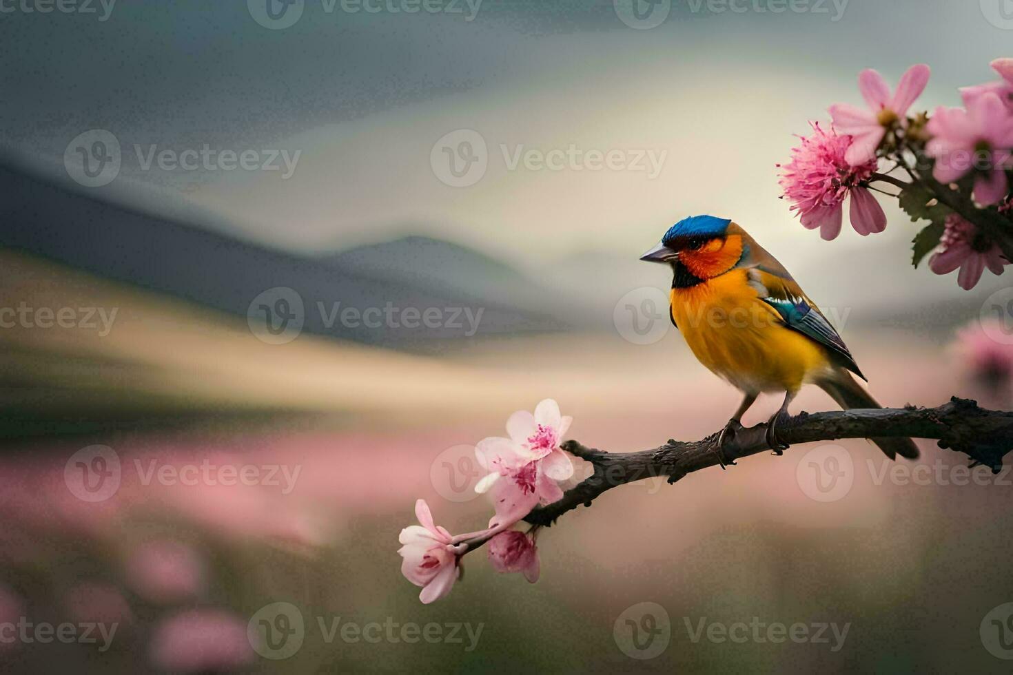 a colorful bird sits on a branch in front of pink flowers. AI-Generated photo