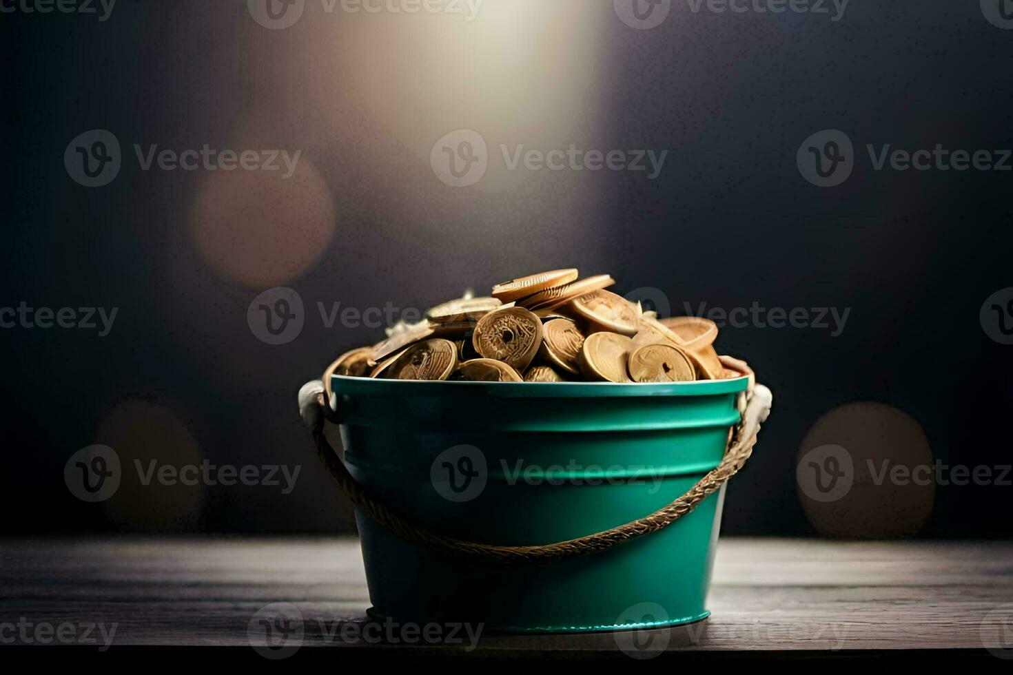 a bucket filled with coins on a wooden table. AI-Generated photo