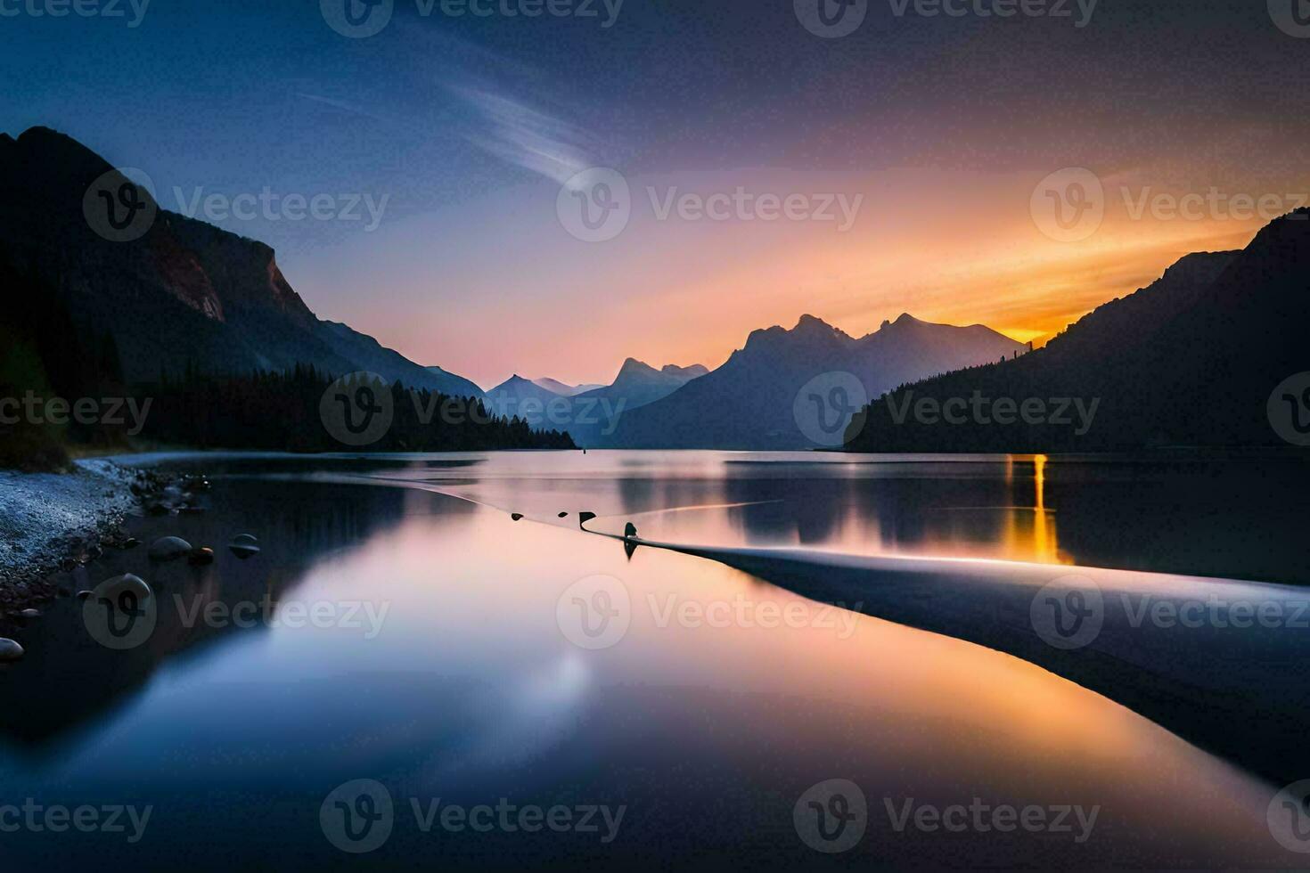un hermosa puesta de sol terminado un lago en el montañas. generado por ai foto