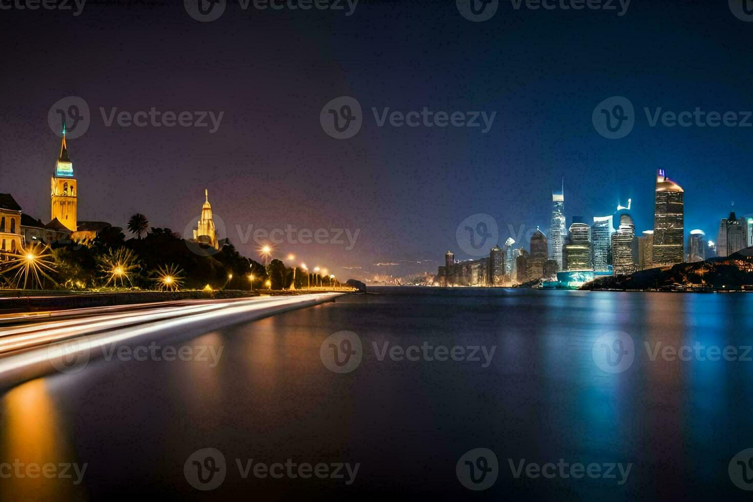 the city skyline at night with lights on. AI-Generated photo