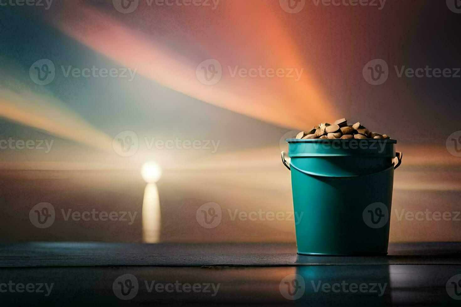 a bucket of peanuts on a table in front of a sunset. AI-Generated photo