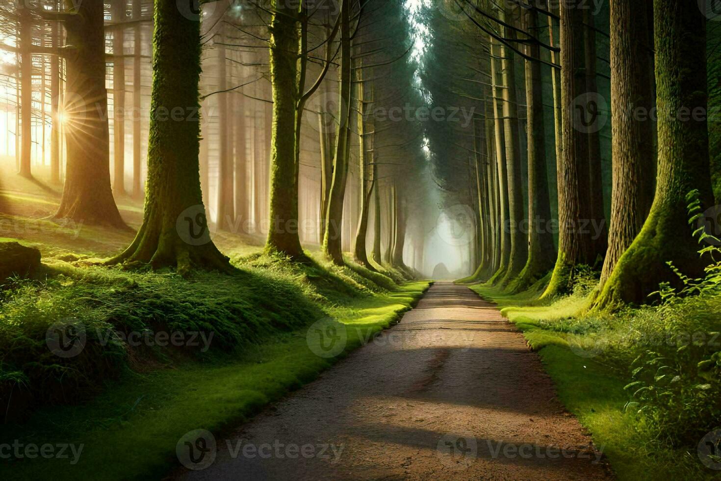 a path through a forest with trees and sun. AI-Generated photo