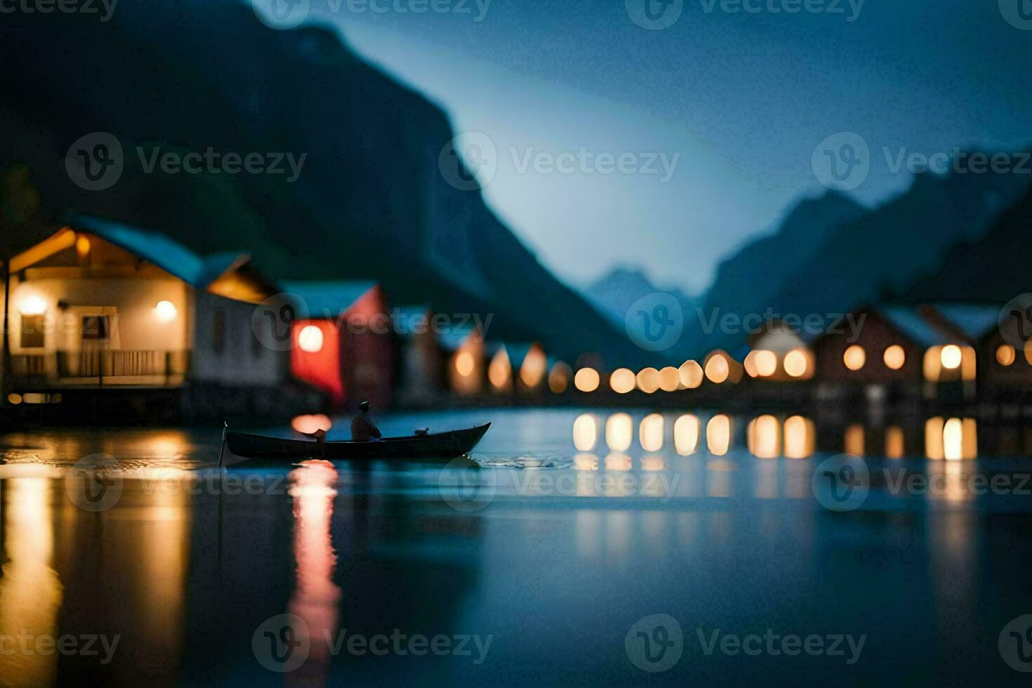 a boat is floating in the water near houses. AI-Generated photo