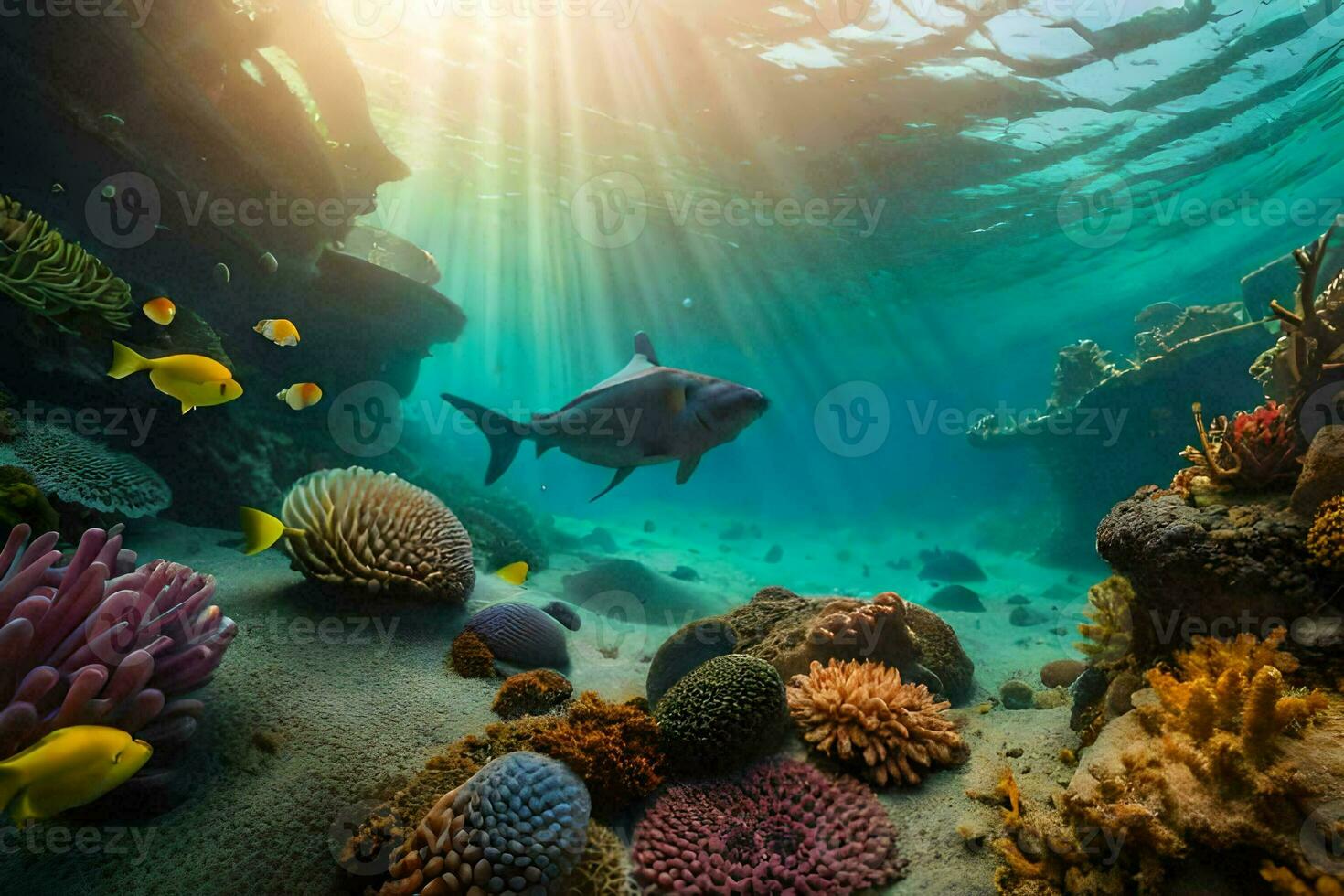 a fish swims in the ocean with coral reefs and fish. AI-Generated photo