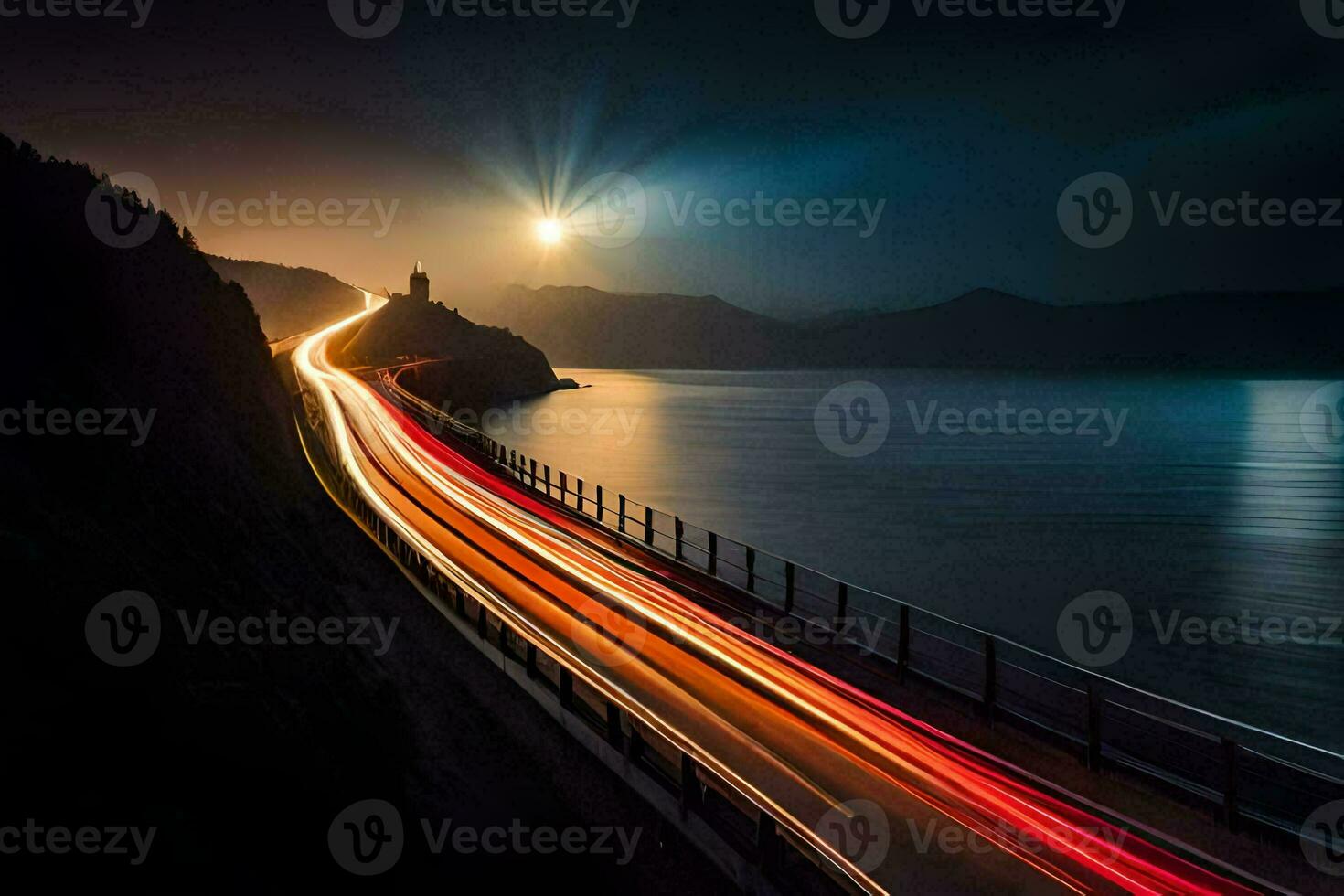 a long exposure photo of a car driving on a highway at night. AI-Generated