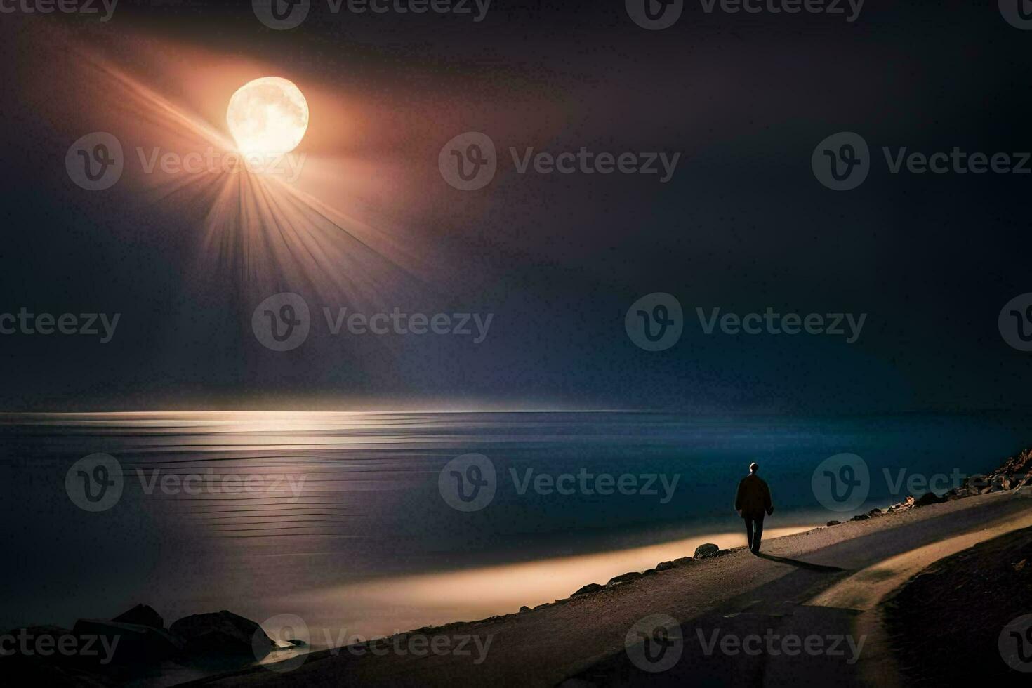 a man walks along the road at night with the moon shining brightly. AI-Generated photo