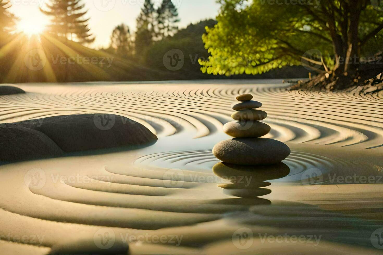 a stack of stones in the sand at sunset. AI-Generated photo