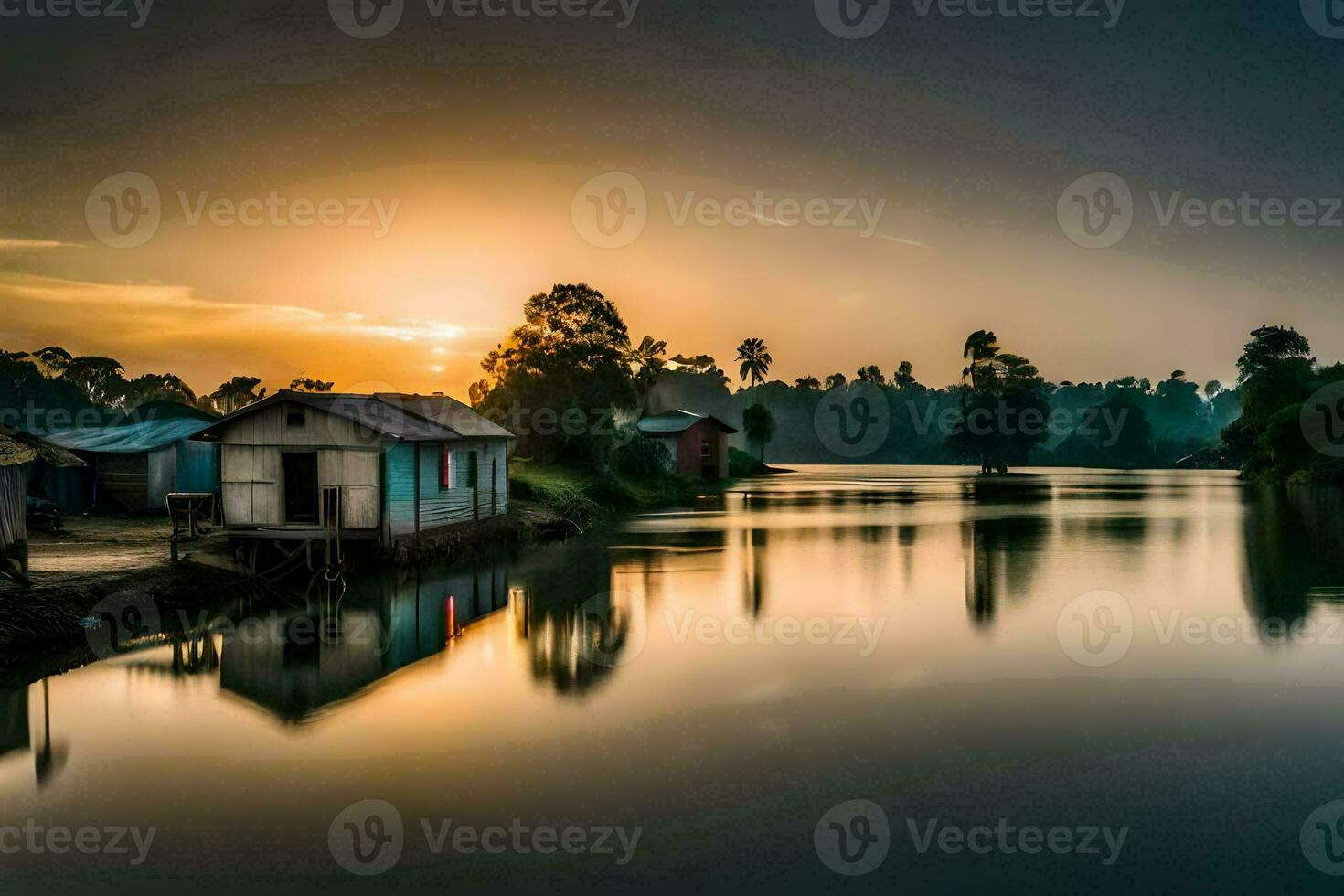 a river with houses and trees at sunset. AI-Generated photo