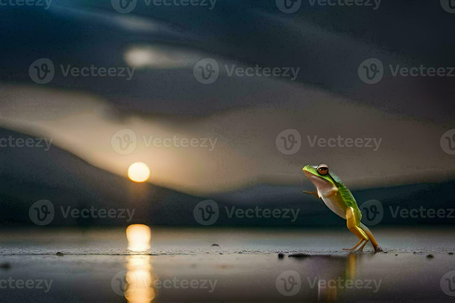 a frog standing on its hind legs on the shore of a lake. AI-Generated photo