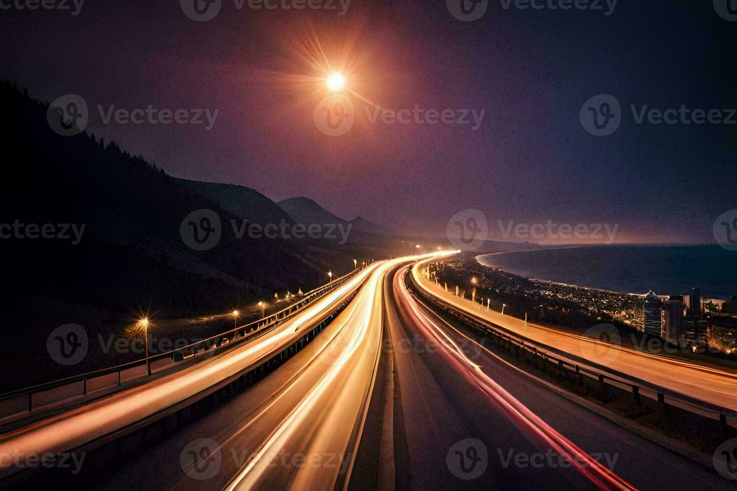 un largo exposición foto de un autopista a noche. generado por ai